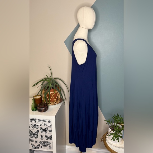 EILEEN FISHER Navy Sleeveless Midi Dress W/ Gathered Hem— Made in USA (L) - Picture 4 of 10